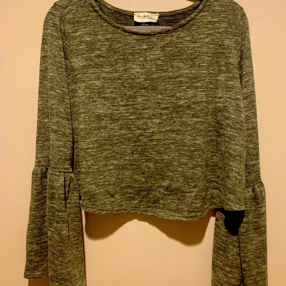 Army green Knit cropped hem line top, with flowing empire style sleeves